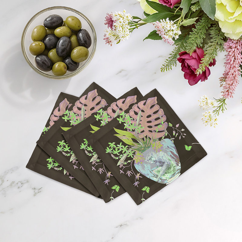Monkey Large Jungle Cotton Sateen Cocktail Napkins, Chocolatte Lime