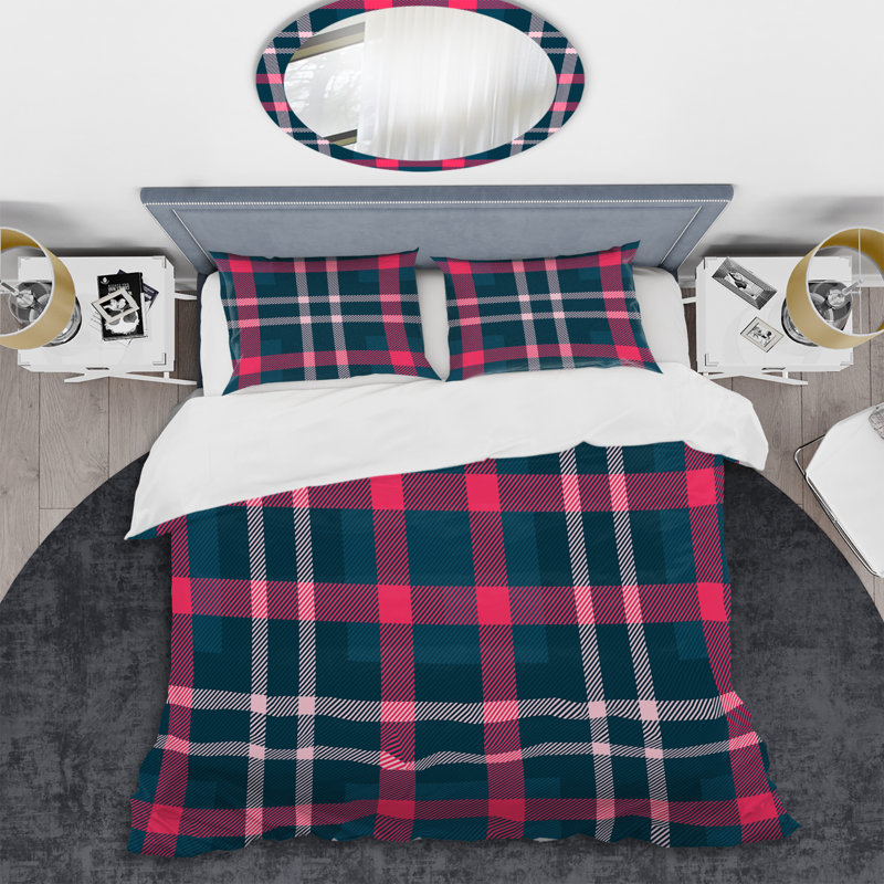 Tartan à carreaux rose et bleu - Ensemble de housse de couette abstrait - Microfibre de polyester