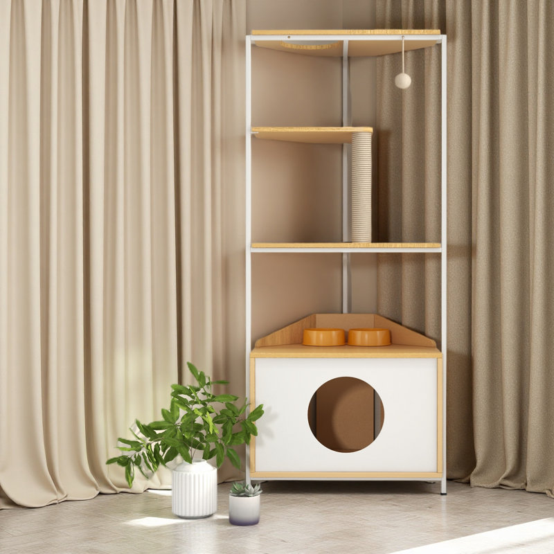 Tour d'angle pour chat, arbre à chat avec poteau à griffer, cage à chat avec station d'alimentation et plateformes d'escalade
