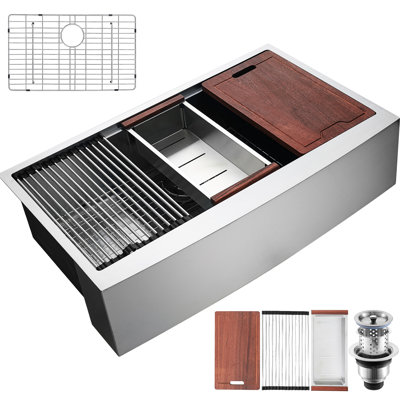 Évier de cuisine à simple cuve en acier inoxydable 304 de 33 pouces avec rebord, comptoir encastré pour poste de travail et bar, planche à découper avec égouttoir, évier de 33 po, conception de rebord, panier de drainage en bois,