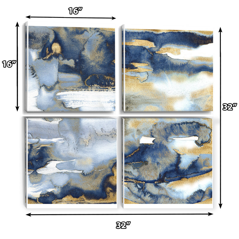 «Dark Blue and Gold Abstract II», ensemble d'art moderne sur toile 4 pièces