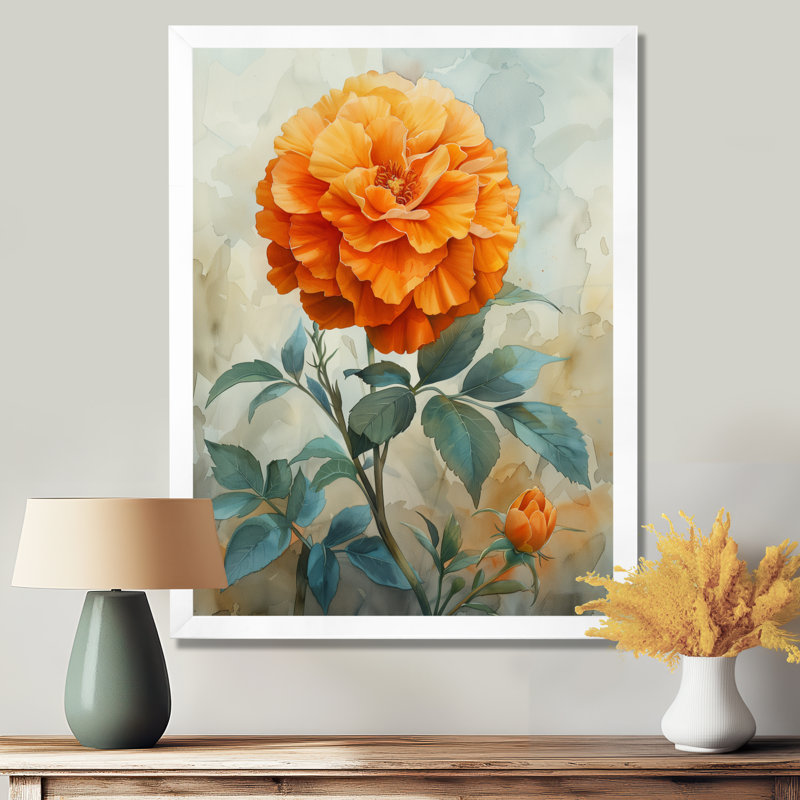 Orange orange, fleur parfumée, souci I - impression murale souci, Cadre simple blanc, bois massif, H 34 po x l 44 po