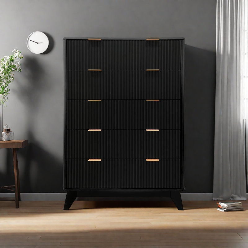 Commode 5 tiroirs pour chambre à coucher, commode de style Mid-Century moderne de 48 po de hauteur, commodes hautes cannelées pour chambre à coucher, salon, couloir, entrée