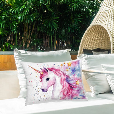 Coussin d'extérieur imprimé licorne rose avec étoiles, 14 x 7 x 20, Creative Studio
