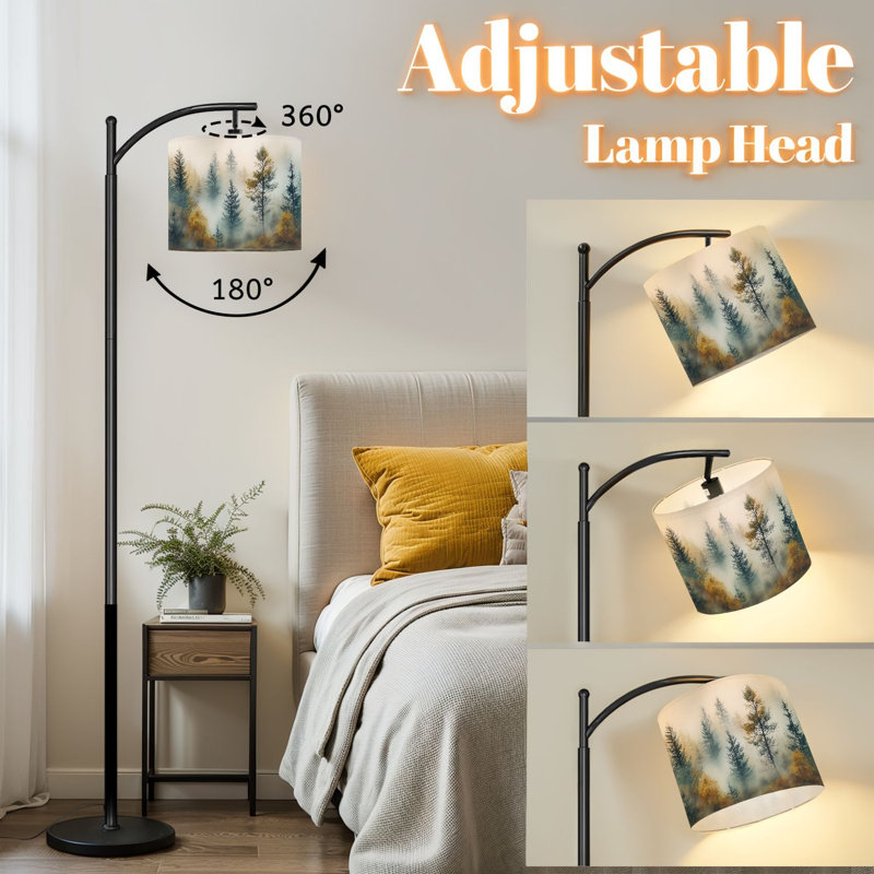 Arc Floor Lamp with Adjustable Lampshade Forest Tree Wood Green Pine Trees Autumn Leaves Fog Misty Standing Lamp 3 Color Temperatures Dimmable Tall Pole Lamp with Foot Switch for Bedroom