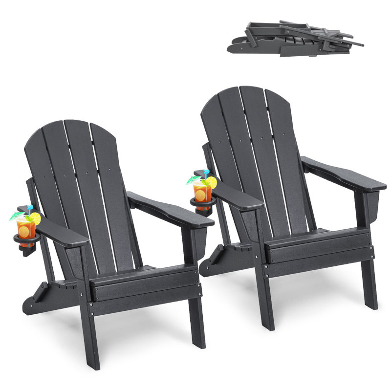 Adirondack Chair Plastic, Set Of 2 All-Weather Portable Folding Fire Pit Chair, Outdoor Adirondack Patio Chair With Cup Holder, With Relaxing Arm Rest Ergonomic, For Garden, Backyard - Gray