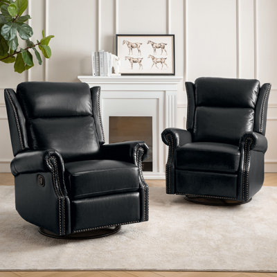 Theopal Traditional Waxed Leather Manual Swivel Glider Recliner with Nailheads(Set of 2)
