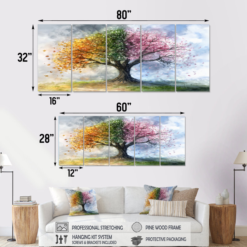 Ensemble de salon art mural arbre de vie rose avec quatre saisons, H 28 po x l 60 po