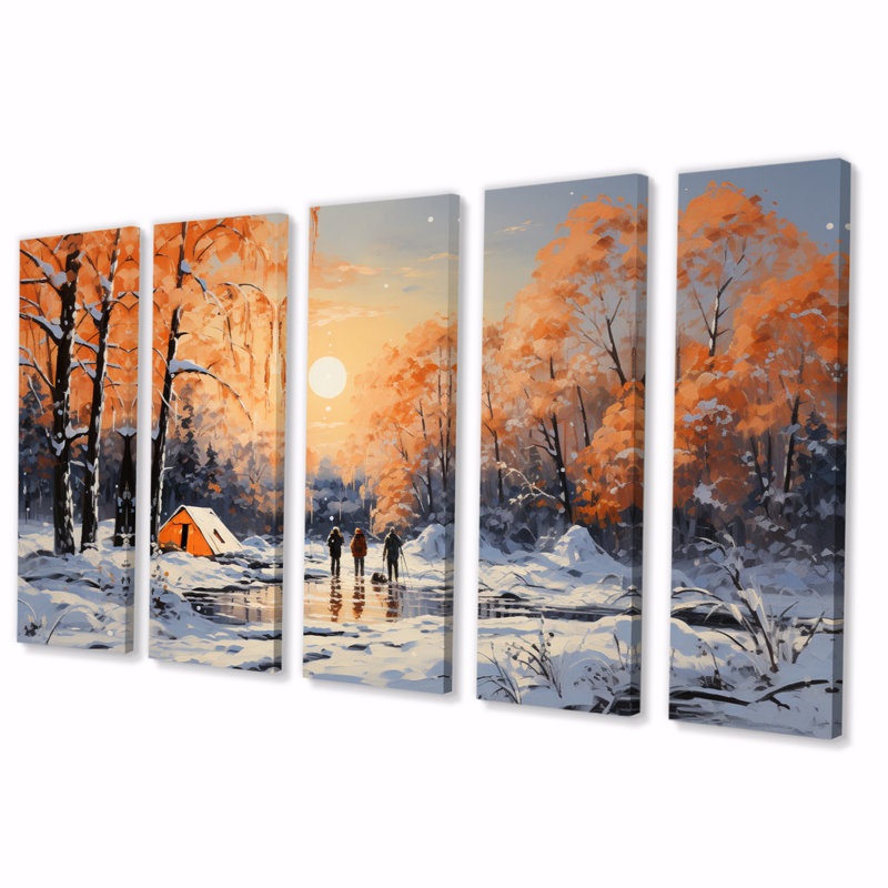 «Winters Camping Glow II», impression d'art mural de paysages - 5 panneaux égaux
