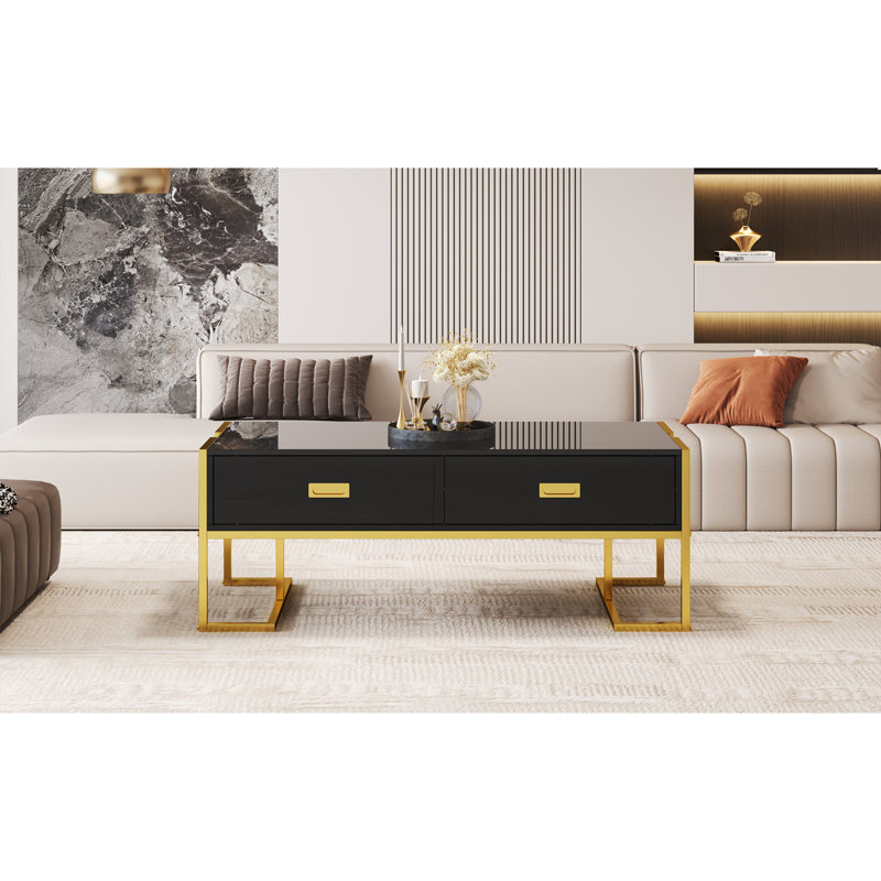 Table basse moderne moderne noire avec 4 tiroirs et base dorée de 47,3 po