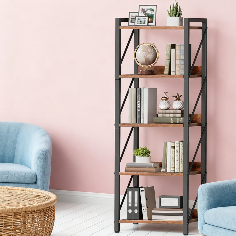 5-Tier Industrial Bookshelf With Metal Frame, Tall Bookcase Storage Organizer For Living Room, Home Office, Bedroom, And Kitchen