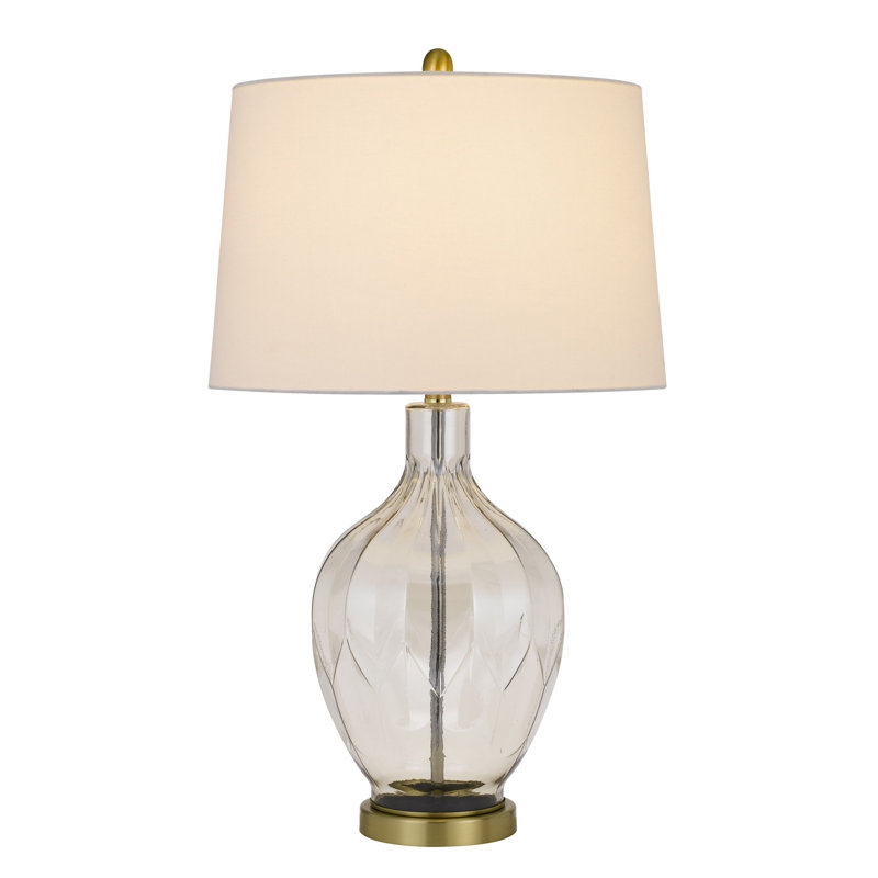 Lampe de table Bancroft en verre de 75 cm de hauteur, avec abat-jour conique rigide en tissu, base en laiton antique, fini transparent, 3 intensités, E26, 150 W