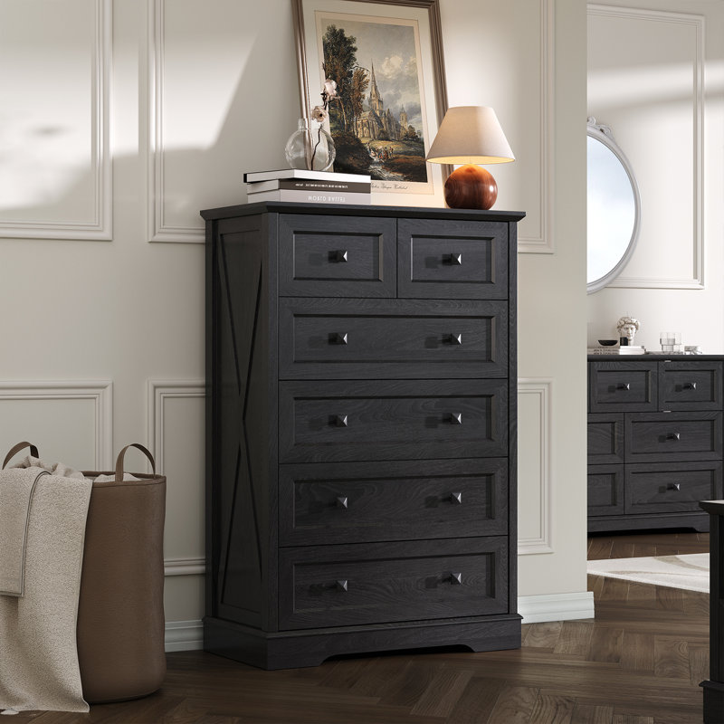 Farmhouse 6 Drawer Bedroom Dresser, Wood Tall Chest of Drawers, Closet Storage for Bedroom, Black