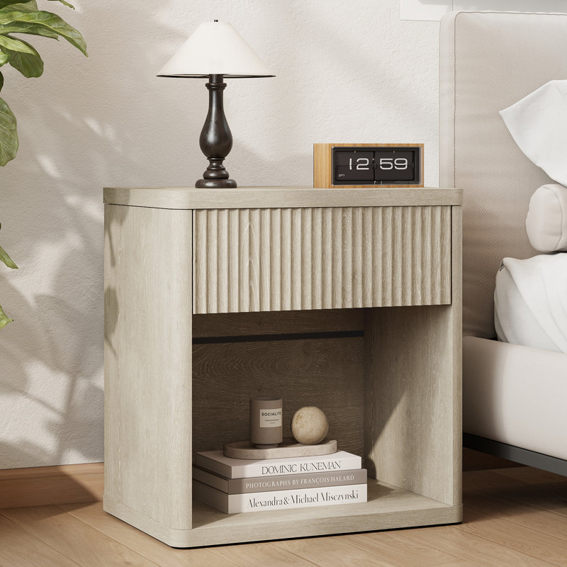 Modern Fluted Nightstand Set Of 2 – Mid-Century Bedside Tables With Drawer & Open Storage – Large Wide End Table For Bedroom & Living Room