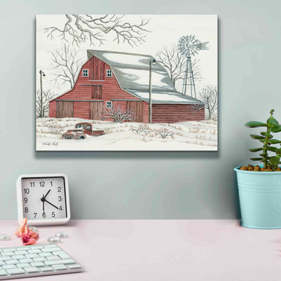 «Winter Barn with Pickup Truck» par Cindy Jacobs - impression sur toile tendue
