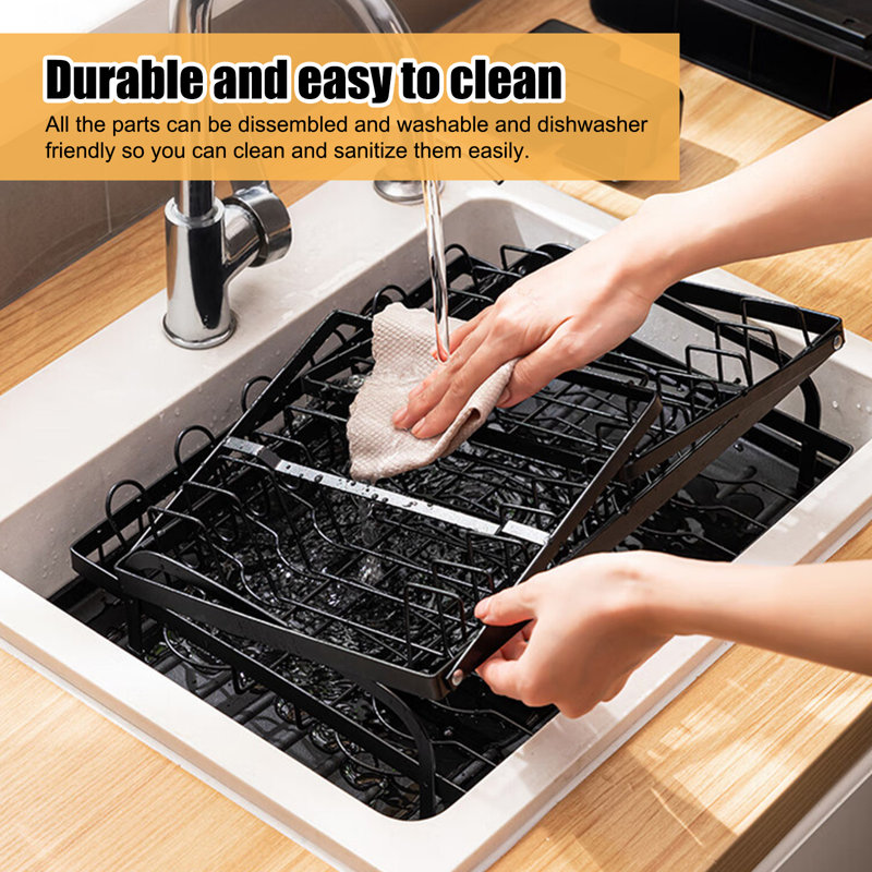 Black 2-Tier Foldable Metal Dish Drying Rack with Utensil Cup