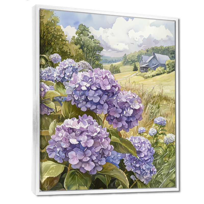 «Isaiaha», champ d'hortensias dans la prairie de la ferme - hydrangées, art mural, H 40 po x l 30 po, Blanc