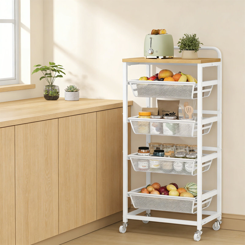 5-Tier Storage Trolley With Pull-Out Baskets, Kitchen Shelf With Wheels, Handle,  Golden Oak And Matte