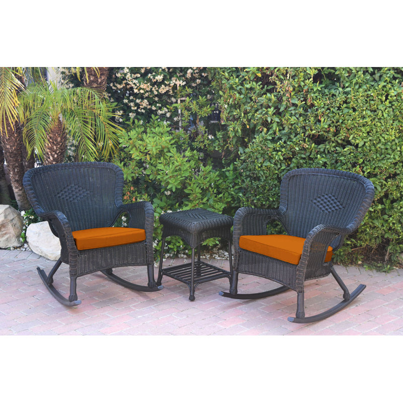 Windsor Resin Wicker Rocker Chair And End Table Set With Cushions, Orange, Black
