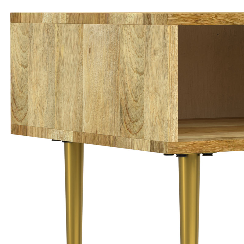 Natural Mango Wood and Gold Metal Square End Table with Storage