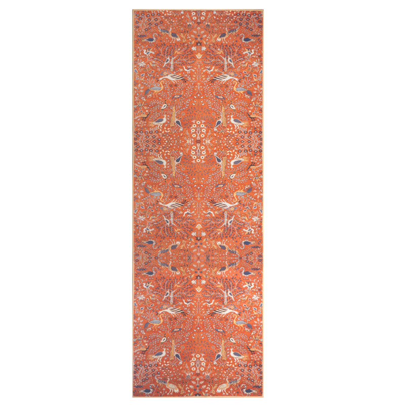 Modern Burnt-Orange Bird Design Machine Washable Rug with Built-in Padding & Non-Slip Backing, Runner 3' x 10'