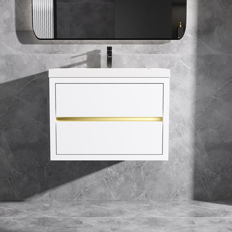 Wall-Mounted Floating Bath Vanity with Single Solid Surface Sink Top in White, 30", White