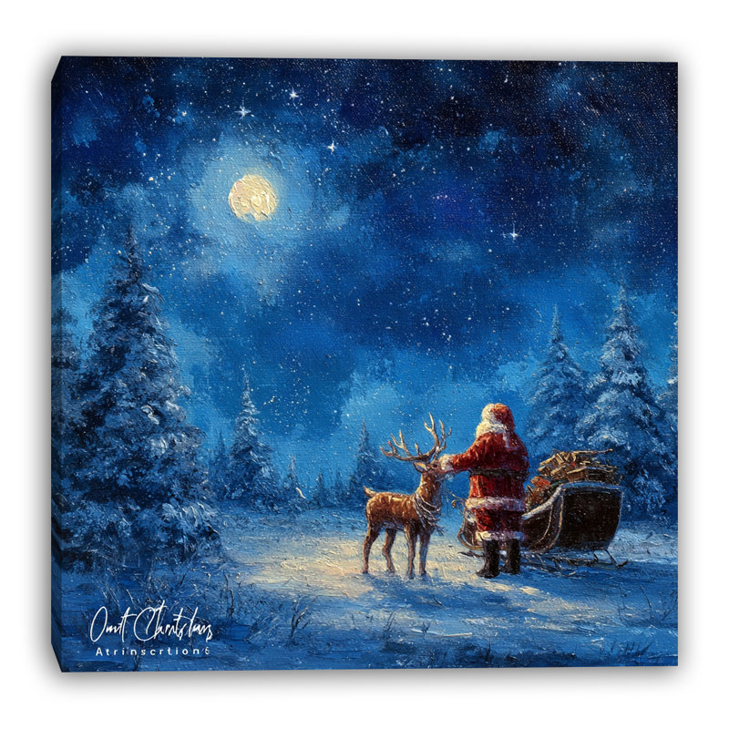 Père Noël et renne sur toile tendue, H 20 po x l 20 po
