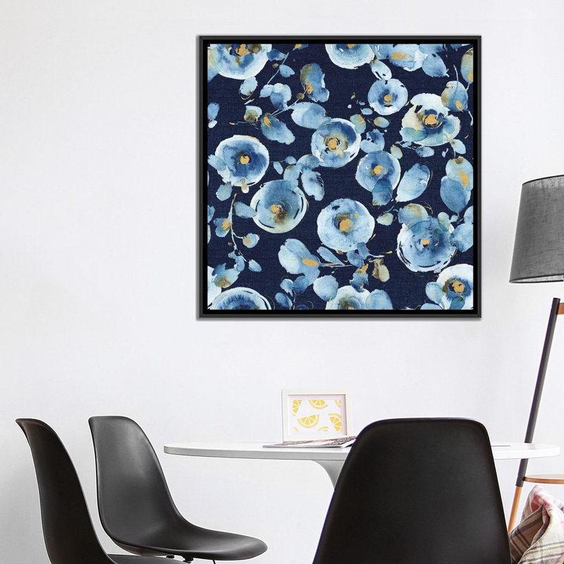 « indigold », reproduction d’art indigo sur toile, H 37 po x l 37 po x P 1,5 po, Toile avec cadre noir, Pas de tapis