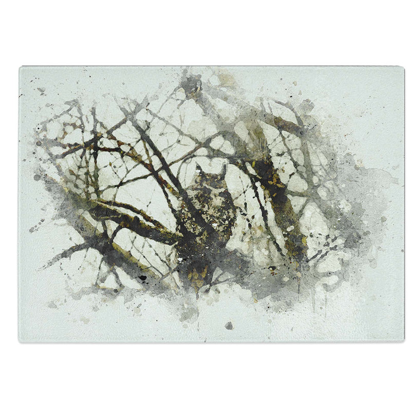 Glass Great Horned Owl Resting in Abstract Chopping Board, 39 cm W x 28.5 cm L