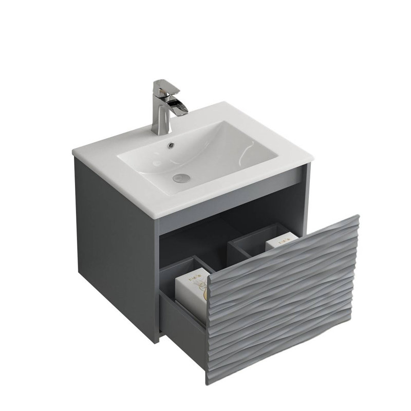 24" Wall Mounted & Floating Single Vanity with Ceramic Sink, Metal Grey