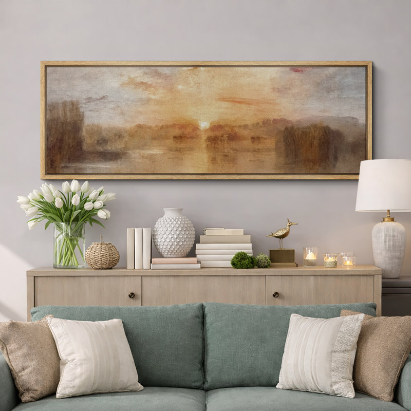«Golden Lake Sunset», impression sur toile encadrée, décor naturel impressionniste chaleureux, H 20 po x l 60 po, Naturel