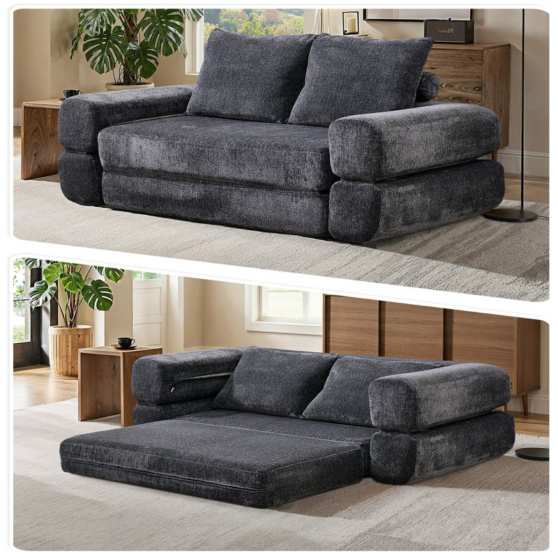 Boneless Modern Chenille Convertible Sofa Bed Split Back Design, Dark Gray