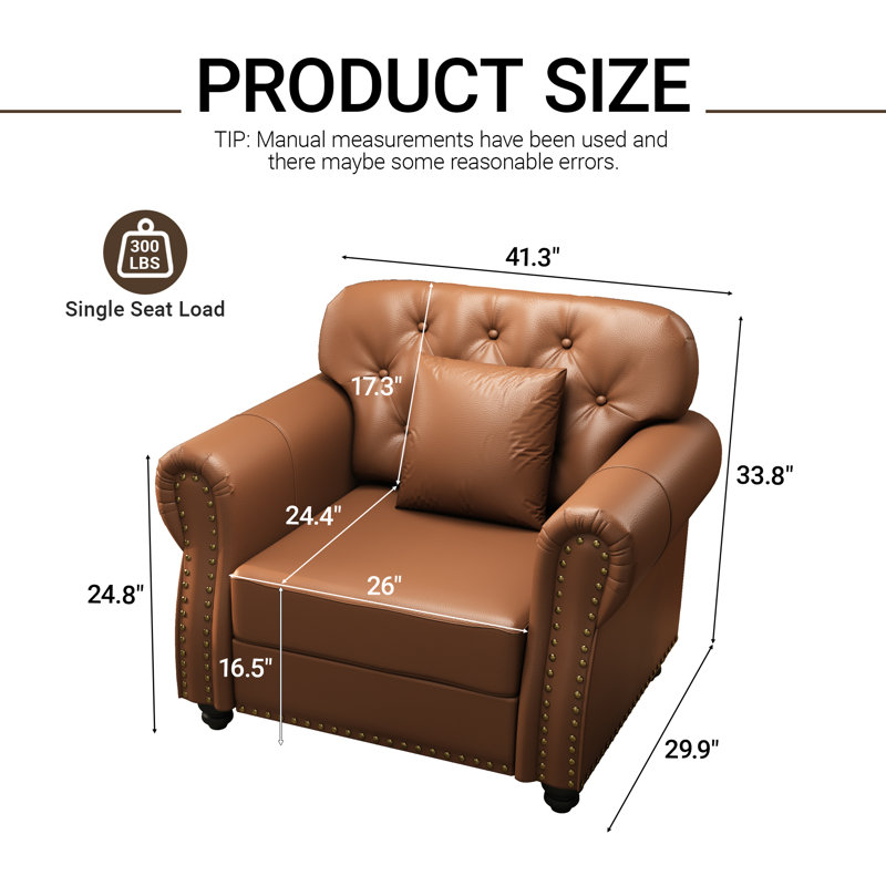 Fauteuil rembourré en similicuir 41 po avec coussin 41 po, Brun