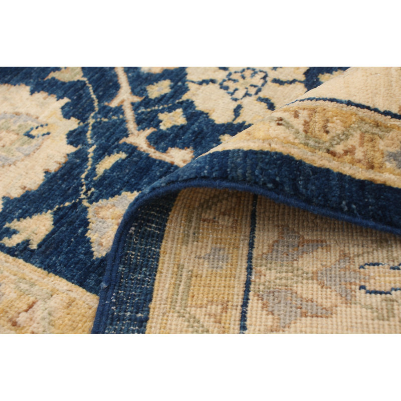 Tapis décoratif en laine noué à la main de conception unique 6 pi x 8 pi 10 po Deshay New Age marine foncé/beige