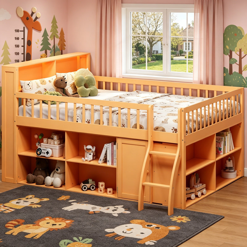 Grand lit mezzanine avec rangement, tête de lit à DEL et finition naturelle pour les chambres d'enfants modernes, Queen