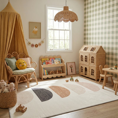 Tapis crème / beige à motif géométrique pour enfants de 5 pi x 8 pi (5 pi 3 po x 7 pi 7 po) Branch Solis, tapis moderne, à poils moyens et résistant aux taches