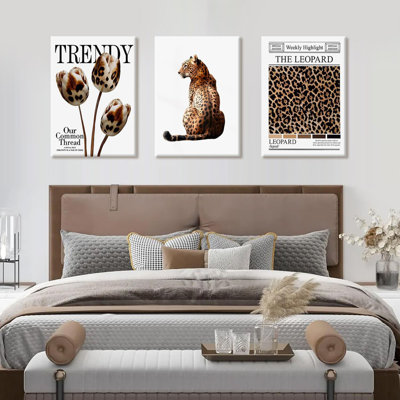 3Pcs Fashion Leopard Print Canvas Wall Art Feminine Aesthetic Posters Prints Leopard Pictures Paintings Preppy Room Cheetah Wall Decor Dorm Living Room 16X24 Inch