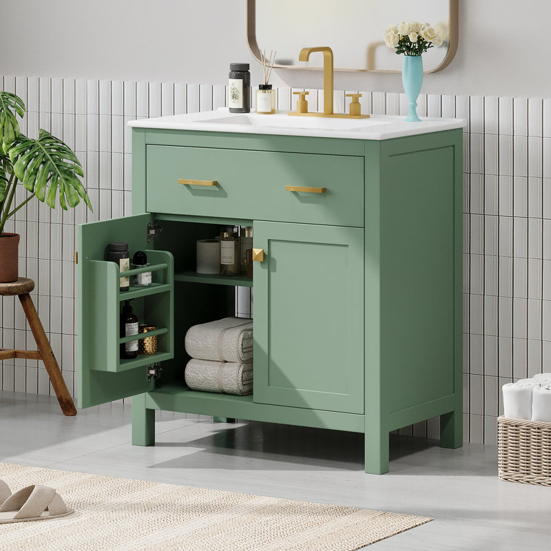 Meuble-lavabo de salle de bain avec lavabo en céramique, Vert