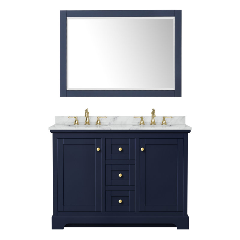 Avery 48'' Double Bathroom Vanity with Marble Top, Dark Blue, Brushed Gold