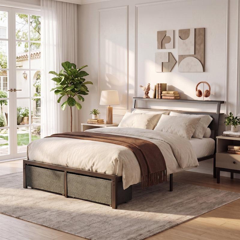 Cadre de lit en acier Queen Size avec coffre de rangement coulissant, lumières DEL contrôlables par téléphone et station de charge USB de type C pour chambre à coucher