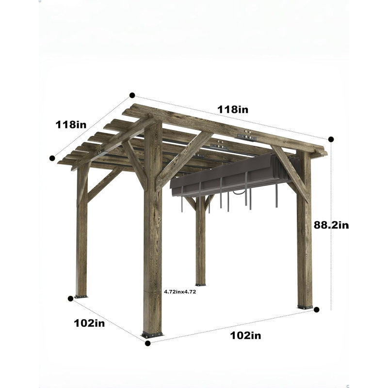 Pergola en bois 10 x 10 pi avec auvent rétractable pour parasol, structure solide
