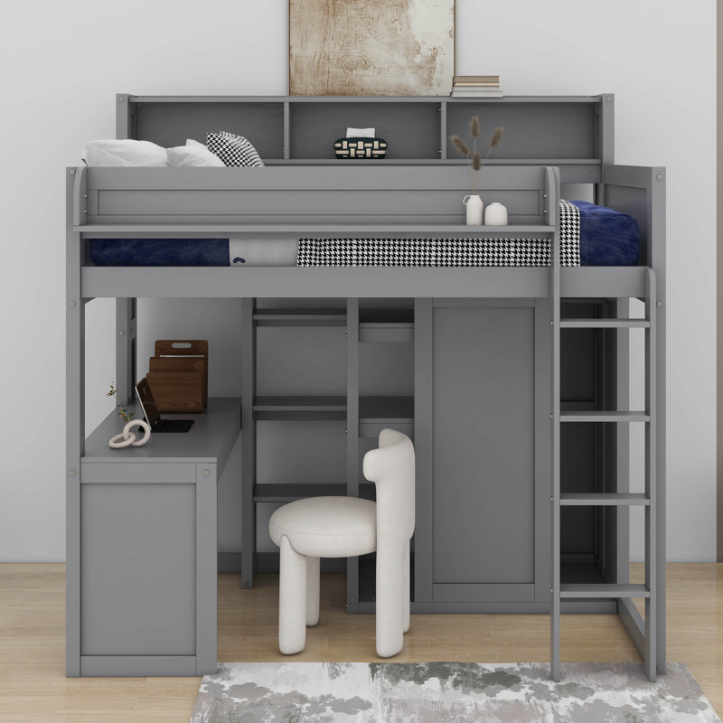 Lit mezzanine en bois avec tablettes et garde-robe, gris