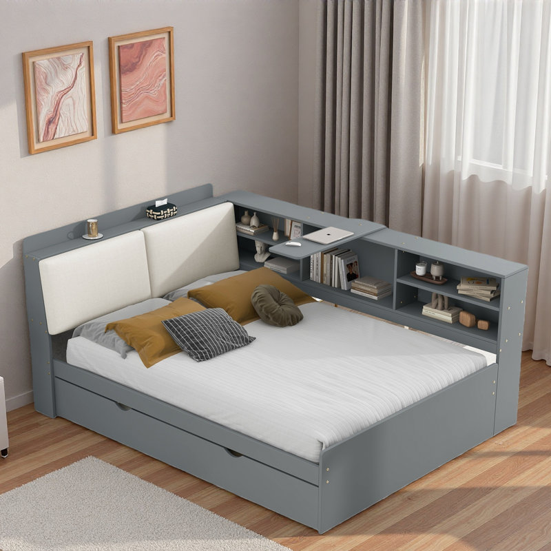 Lit plateforme avec lit gigogne, tablettes de rangement, tête de lit tapissier et plateau de rangement rotatif, Gris