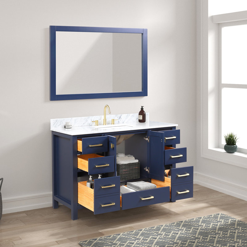 Ensemble de meuble-lavabo simple 48 po avec plateau en marbre de Carrare et miroir Kris, Bleu marine