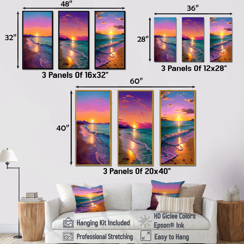 Ensemble de salon Sunset Harmony Coastal Serenity I - Coastal Beach Sand Wall Art, Cadre flottant noir, H 40 po x l 60 po