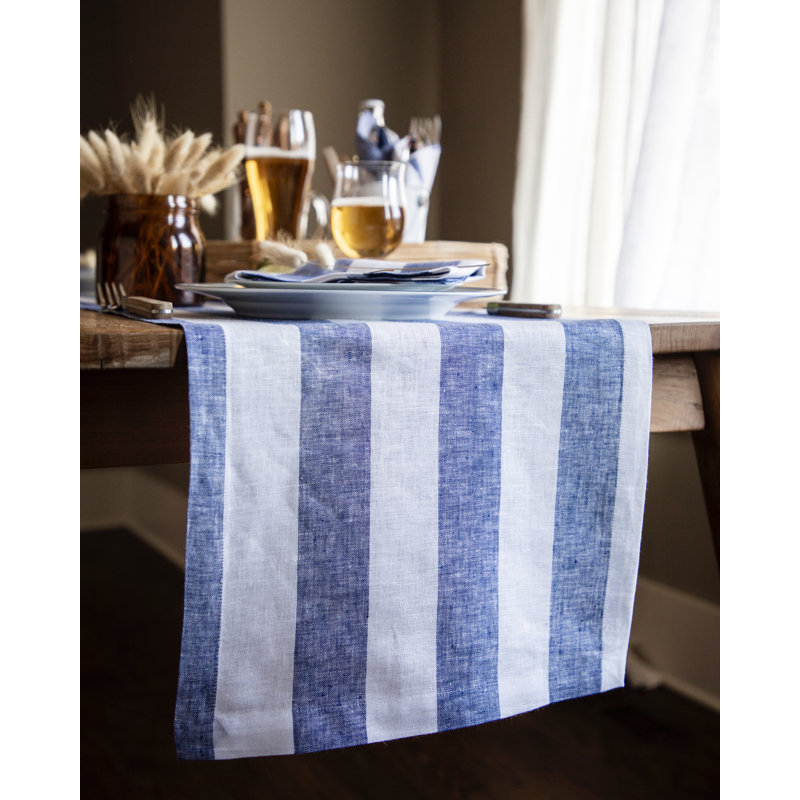 Cabana Stripe - 100% Pure Linen Table Runner, 120" x 14", Navy/White