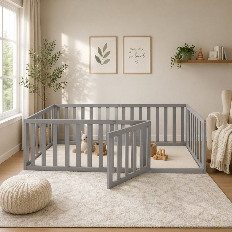 Twin Size Wood Daybed Frame With Fence, Gray, Twin