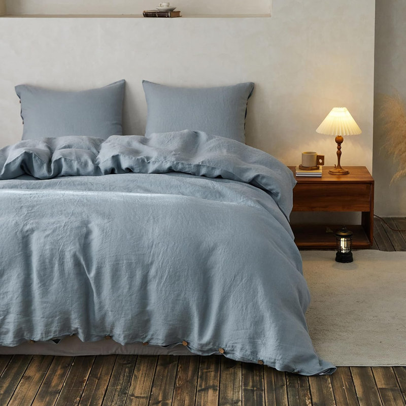 Ensemble de housse de couette 100% lin, Housse de couette pour très grand lit et 2 taies, Bleu cendré