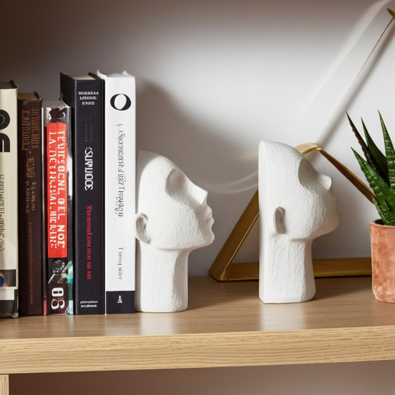 Ivy Bronx Textured Head Up Bookends, Set Of 2, Elegant White Polyresin, 9-Inch