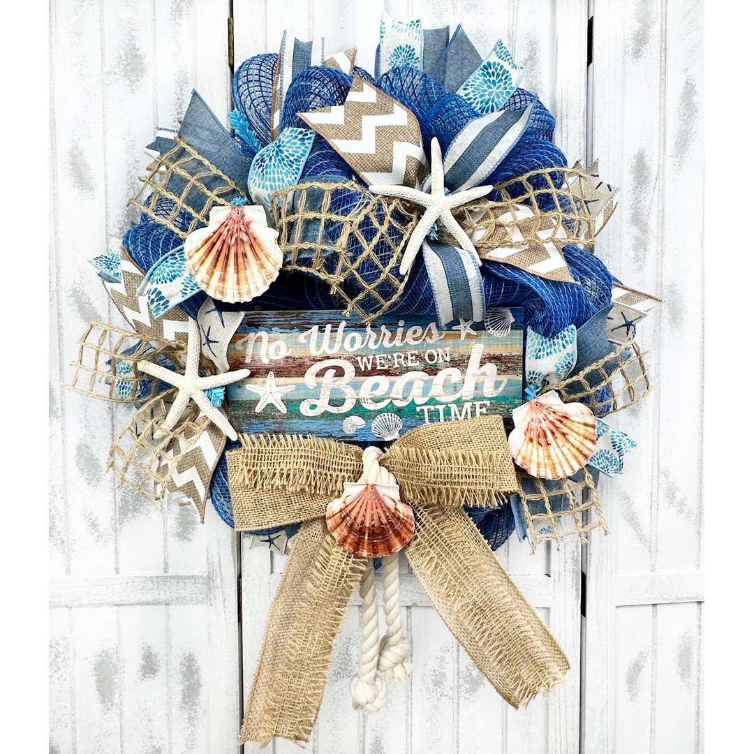 No Worries We're on Beach Time Blue Burlap Wreath Rosecliff Heights